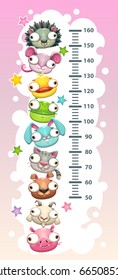 Kids height chart template with funny cartoon round animals. Vector illustration.