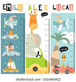 Kids height chart with kids transport and animals in doodle cartoon style. Vector Illustration. growth measure for nursery design. Great for girl and boy.