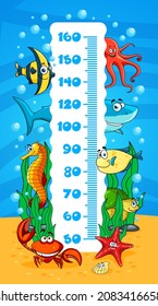 Gráfica de altura infantil con dibujos animados submarinos. Medidor de crecimiento vectorial calcomanía de pared con regla de estadiómetro sobre el fondo con peces oceánicos, pulpo, tiburón y cangrejo, tortuga marina y pez estrella