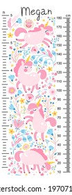 Kids height chart with unicorns in flowers. Cute vector illustration in simple hand-drawn cartoon Scandinavian style. The limited palette is ideal for printing. Childish meter wall for nursery design