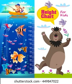 Kids height chart. Vector illustration in cartoon style with cartoon fishes and bear.