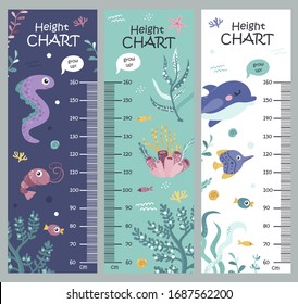 Kids height chart. Vector isolated illustration with seaweed and sea animals.