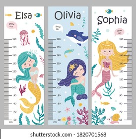 Kids height chart. Vector isolated illustration with mermaids