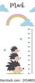 Gráfica de altura de los niños. Dibujo vectorial aislado de animales de dibujos animados. Crecer la escala de medida para los niños. Medidor de medición del crecimiento del bebé. Medidor de altura para el jardín de infancia.
