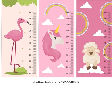 Kids Height Chart. Vector Isolated Illustration Of Cartoon Animals. Cute Scale Measurement For Kids Grow. Baby Growth Measure Meter. Child Height Meter For Kindergarten.