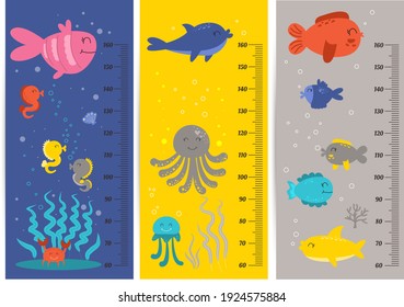Kids height chart. Vector isolated illustration of cartoon animals. Cute scale measurement for kids grow. Baby growth measure meter. Child height meter for kindergarten.