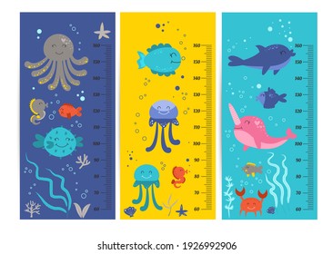 Gráfica de altura de los niños. Dibujo vectorial aislado de animales de dibujos animados. Crecer la escala de medida para los niños. Medidor de medición del crecimiento del bebé. Medidor de altura para el jardín de infancia.
