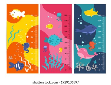 Kids height chart. Vector isolated illustration of cartoon animals. Cute scale measurement for kids grow. Baby growth measure meter. Child height meter for kindergarten.