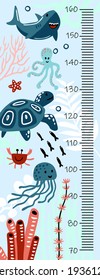 Kids height chart. Vector isolated illustration with seaweed and sea animals.