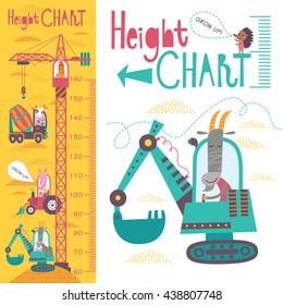 Kids height chart. Vector isolated illustration of cartoon transport and animals on a yellow background.