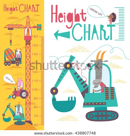 Kids height chart. Vector isolated illustration of cartoon transport and animals on a yellow background.