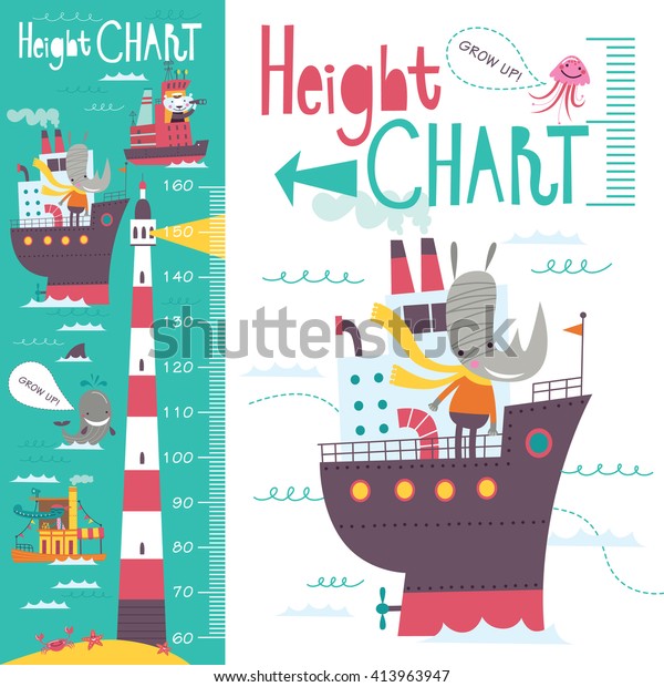 Kids height chart.\
Vector isolated illustration of cartoon transport and animals on a\
green-blue background.