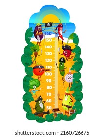 Kids height chart, vector pirate and corsair vegetables. Cartoon growth meter ruler with cute chilli pepper, tomato, garlic and broccoli, zucchini, avocado and radish characters on treasure island