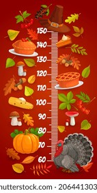 Kids height chart of vector Thanksgiving autumn leaves, turkey, pie and pilgrim hat, harvest holiday food, pumpkin and corn with ruler scale. Thanksgiving growth measure meter, stadiometer sticker