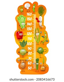 Gráfica de altura infantil con caracteres vectoriales de deportista vegetal, medidor de crecimiento y regla de estadiómetro. Los niños miden la escala con el daikon y el brócoli de dibujos animados, la col, el maíz y el espárrago, la aceituna