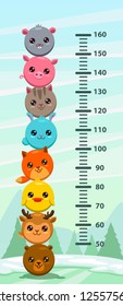 Kids height chart. Wall metter with funny cartoon round animals Vector illustration.