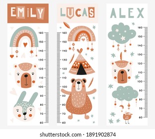 Kids height chart with woodland animals in boho cartoon style. Vector Illustration. Childish meter wall for nursery design with cute raccoon. Great for girl and boy.