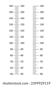 Gráficos de talla infantil de 50 a 160 centímetros. Plantilla para altímetro de pared aislado en un fondo blanco. Meter wall o regla de crecimiento. Serie de escalas de estadiómetro. Ilustración vectorial. Eps.