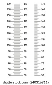 Gráficos de talla infantil de 50 a 170 centímetros. Conjunto de plantillas para pegatinas de crecimiento de pared aisladas en un fondo blanco. Muro de metro, colección de reglas de crecimiento. Ilustración delineada por el vector.