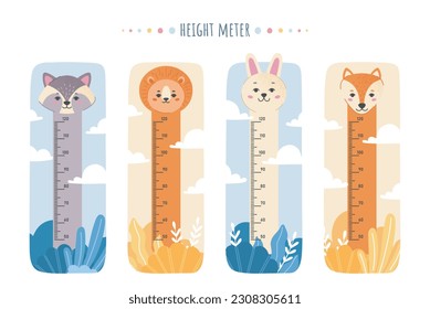 Kids height charts set. Measurement of height for children with tiger, rabbit, raccoon and fox. Prescooler wall poster with scale. Cartoon flat vector collection isolated on white background