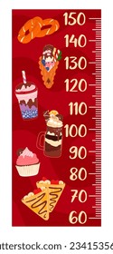 Kids height measure chart with fast food and desserts. Vector growth meter with bagels, Hong Kong bubble waffle, crepe, milk shake, cocktail and cupcake. Wall sticker for children height measurement