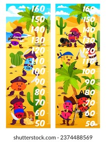 Kids height measure chart ruler. vitamins and micronutrient pirates and corsair characters. Child growth measure vector chart with K, Ca, Se and Fe, Zn, Mg vitamins pirates cute personages on island