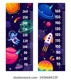 Kids height measure chart with space planets and galaxy rockets, vector cartoon ruler. Baby growth tall measure chart with funny Martian spaceman, alien UFO or spaceship rockets on galaxy background