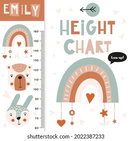 Kids height measure with cute boho animals. Heights for school, kindergarten, nursery design. Vector illustration. Bear, bunny and rainbow.