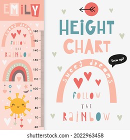 Kids height measure with cute love rainbow. Heights for school, kindergarten, nursery design. Vector illustration.