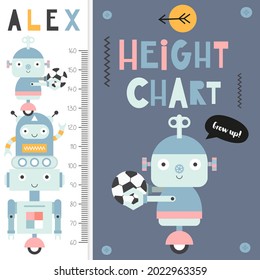 Kids height measure with cute retro robot. Heights for school, kindergarten, nursery design. Vector illustration.