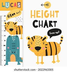 Kids height measure with cute woodland animals. Heights for school, kindergarten, nursery design. Vector illustration. Deer and bird.