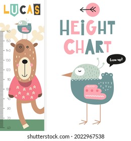 Kids height measure with cute woodland animals. Heights for school, kindergarten, nursery design. Vector illustration. Deer and bird.