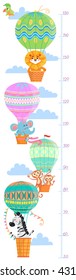 Kids height meter with animal. wall sticker. Lion, monkey, elephant and zebra
