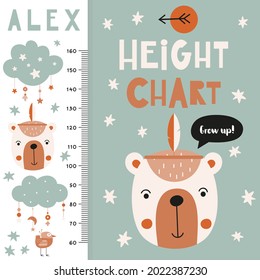 Kids height meter with cute boho animals. Heights for school, kindergarten, nursery design. Vector illustration. Bear head and bird.