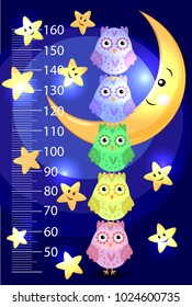 Kids height meter with cute owls. Funny stadiometer from 50 to 150 centimeter. Vector illustration