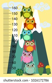 Kids height meter with cute owls. Funny stadiometer from 50 to 150 centimeter. Vector illustration