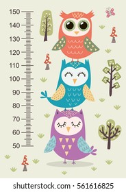 Kids height meter with cute owls. Funny stadiometer from 50 to 150 centimeter. Vector illustration