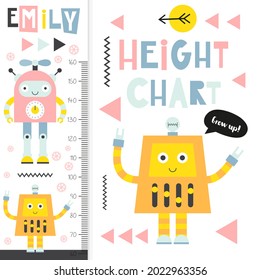 Kids height meter with cute retro robot. Heights for school, kindergarten, nursery design. Vector illustration.