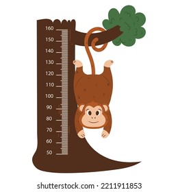 Kids Height Meter With Funny Monkey Hang On Tree. Cartoon Centimeter Scale With Funny Ape Animal. Growth Chart For Children Height Measurement, Isolated Centimeter Wall Sticker. Vector Illustration