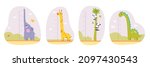Kids height meter in inches for kindergarten or home with cute tall animals set vector illustration. Cartoon cheerful baby giraffe, dinosaur and elephant standing in landscape isolated on white