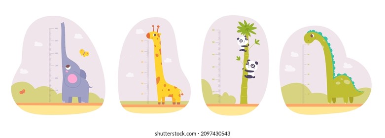 Kids height meter in inches for kindergarten or home with cute tall animals set vector illustration. Cartoon cheerful baby giraffe, dinosaur and elephant standing in landscape isolated on white - Shutterstock ID 2097430543