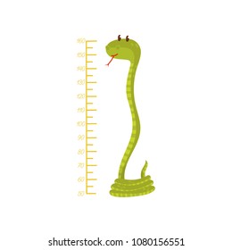 Kids height meter and long green snake. Decorative wall sticker for children room. Cartoon character of reptiles. Flat vector design