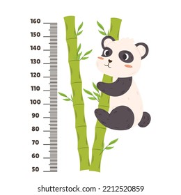 Kids Height Meter, Ruler With Cute Panda And Bamboo. Cartoon Funny Centimeter Scale. Growth Chart For Children Height Measurement with Cartoon Character, Funny Stadiometer Scale. Vector Illustration