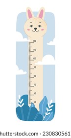 Gráfica de conejo de altura infantil. Escalar o metro con centímetro. Medición del tamaño corporal, crecimiento. La decoración y la decoración de la habitación infantil. Dibujo vectorial plano de dibujos animados aislado en fondo blanco