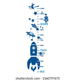 Kids height ruler with aliens and a rocket for wall decals, wall stickers - Vector