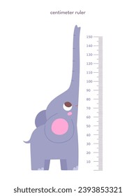 Kids height ruler in centimeters with elephant for growth measure. Cute cartoon cheerful tall animal vector illustration isolated on white background. Children wall sticker for kindergarten or home.