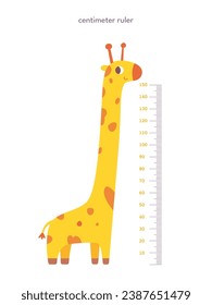 Kids height ruler in centimeters with giraffe for growth measure. Cute cartoon cheerful tall animal vector illustration isolated on white background. Children wall sticker for kindergarten or home.