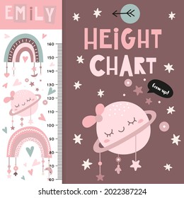 Kids height ruler with cute boho rainbows. Heights for school, kindergarten, nursery design. Vector illustration. Rainbow and cute sleeping planet.