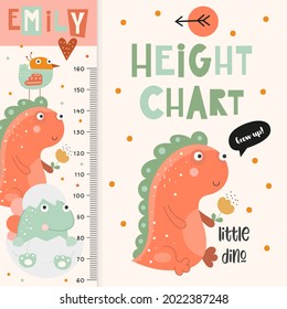 Kids height ruler with cute little dinosaur. Heights for school, kindergarten, nursery design. Vector illustration. Dinosaurs and bird.