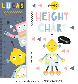 Kids height ruler with cute retro robot. Heights for school, kindergarten, nursery design. Vector illustration.